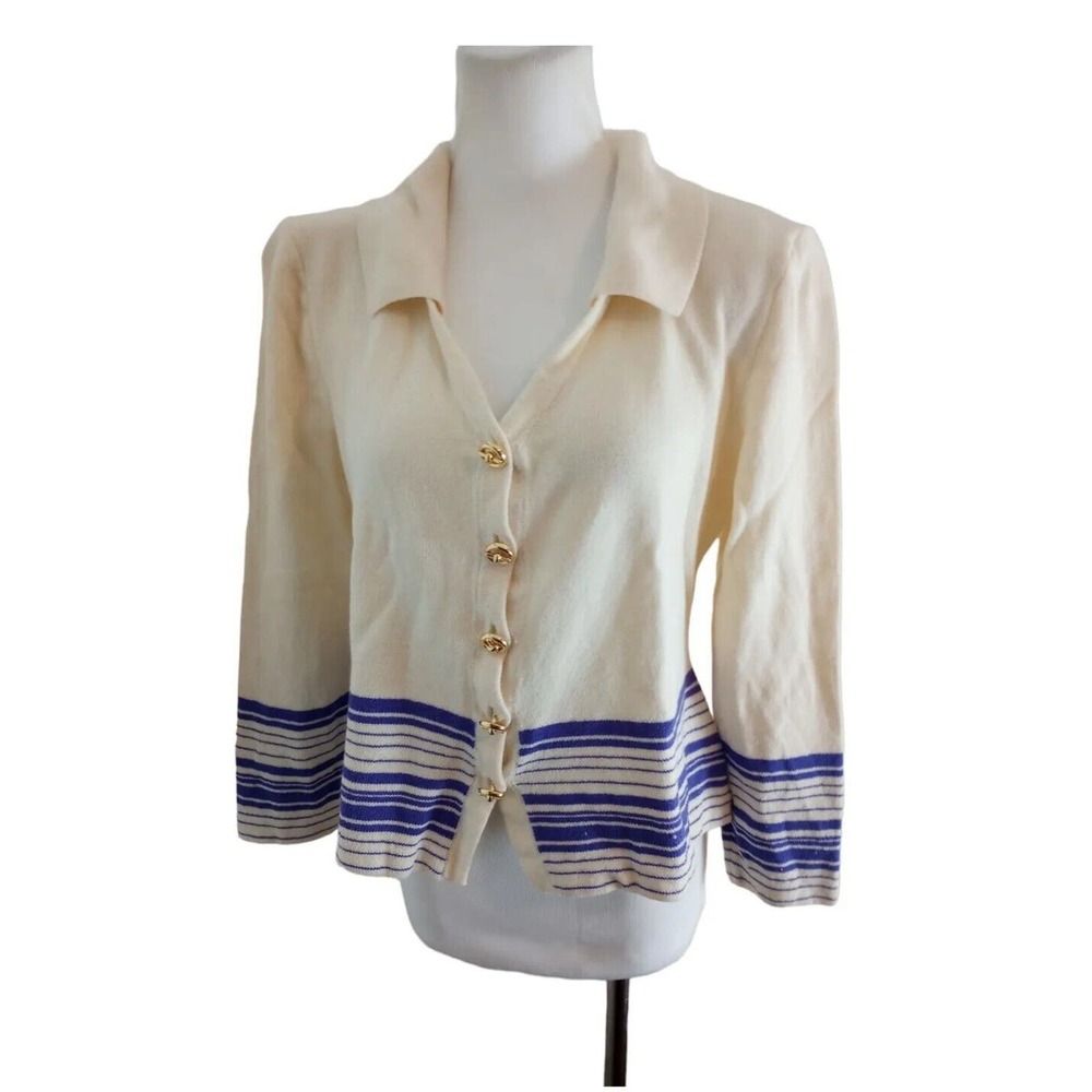 ST. JOHN COLLECTION Marie Gray Santana Knit Ivory Purple Cardigan Sweater Sz 6